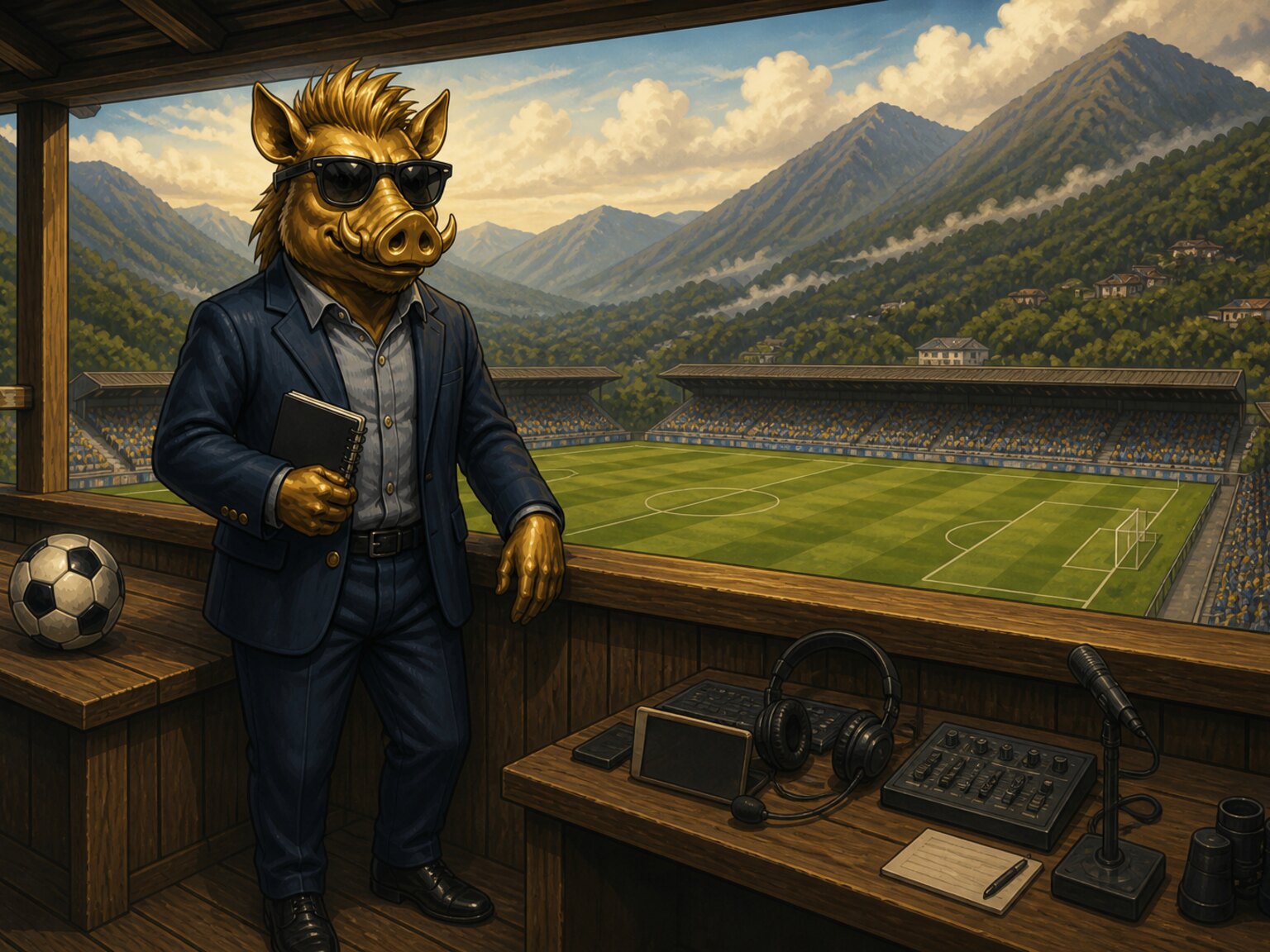 Jabalí dorado de chaqueta y gafas oscuras en una tribuna de fútbol