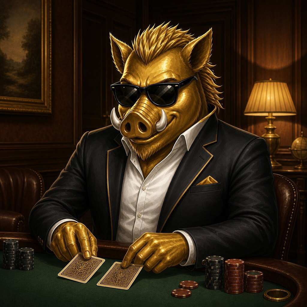 Jabalí dorado de chaqueta y gafas oscuras repartiendo naipes en una mesa