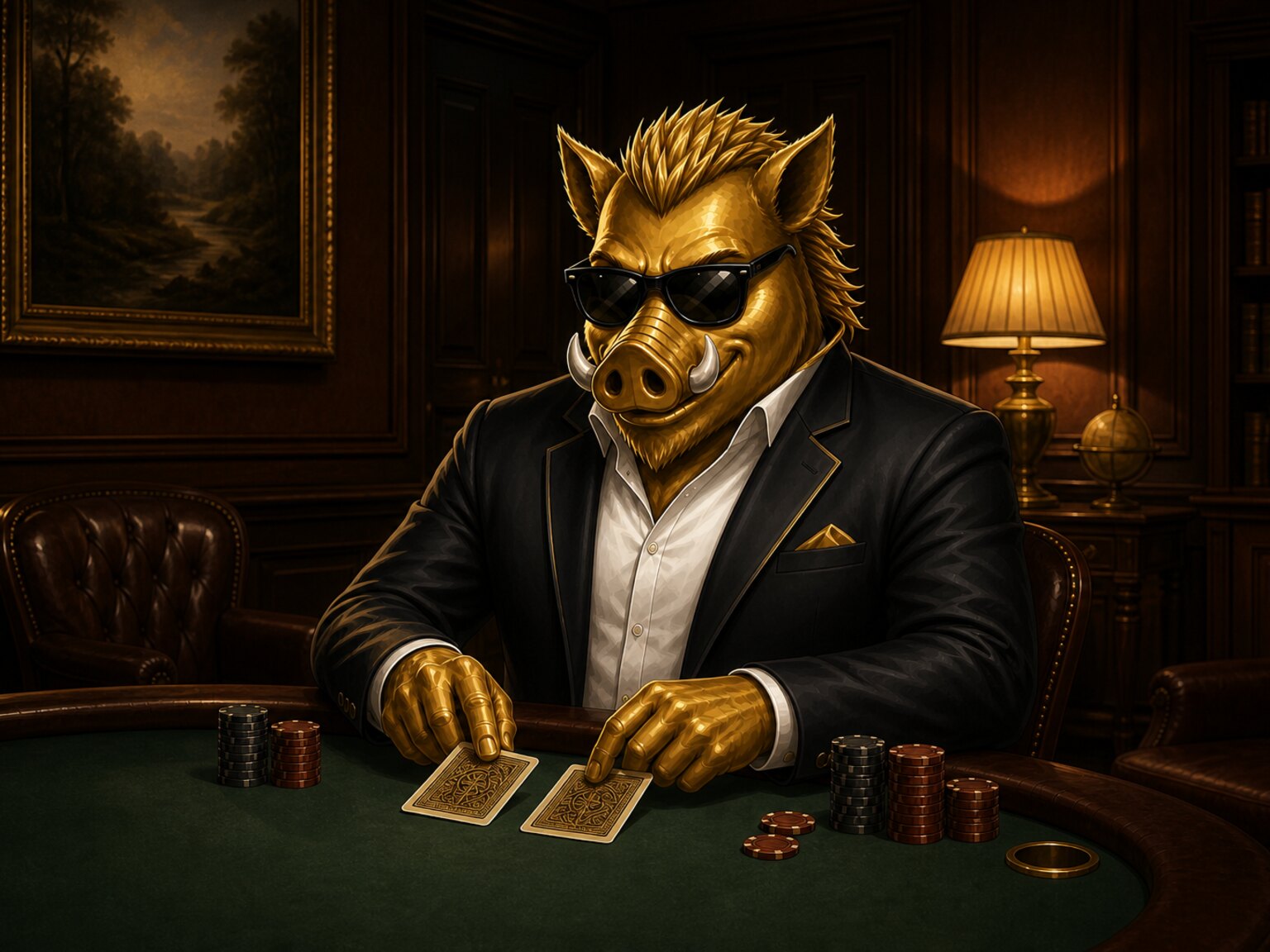Jabalí dorado de chaqueta y gafas oscuras en una mesa de naipes