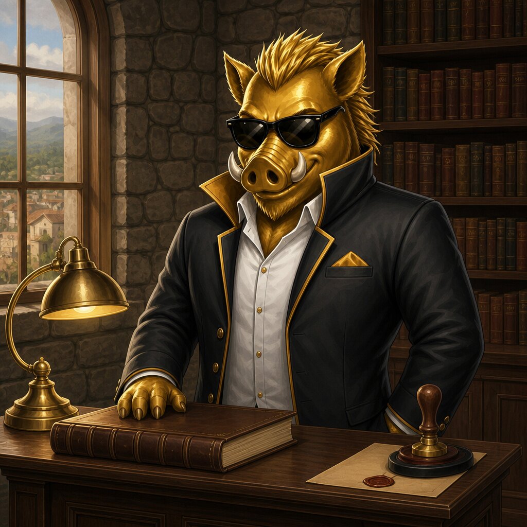 Jabalí dorado de chaqueta y gafas oscuras junto a un libro de convenio