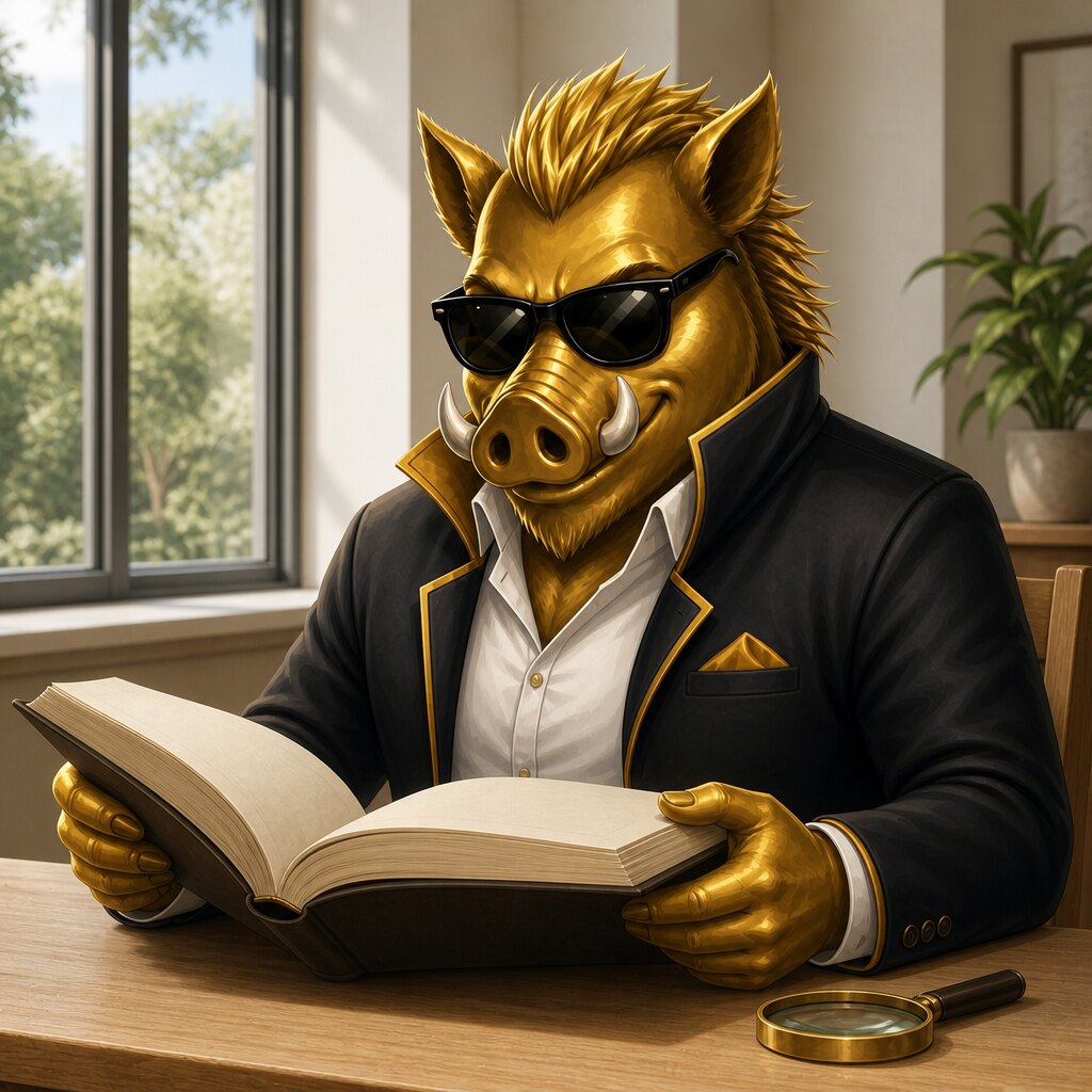Jabalí dorado de chaqueta y gafas oscuras leyendo un libro de gran formato